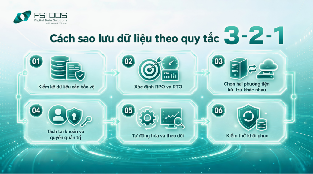 Sao lưu dữ liệu theo quy tắc 3-2-1 bao gồm 6 bước cơ bản.