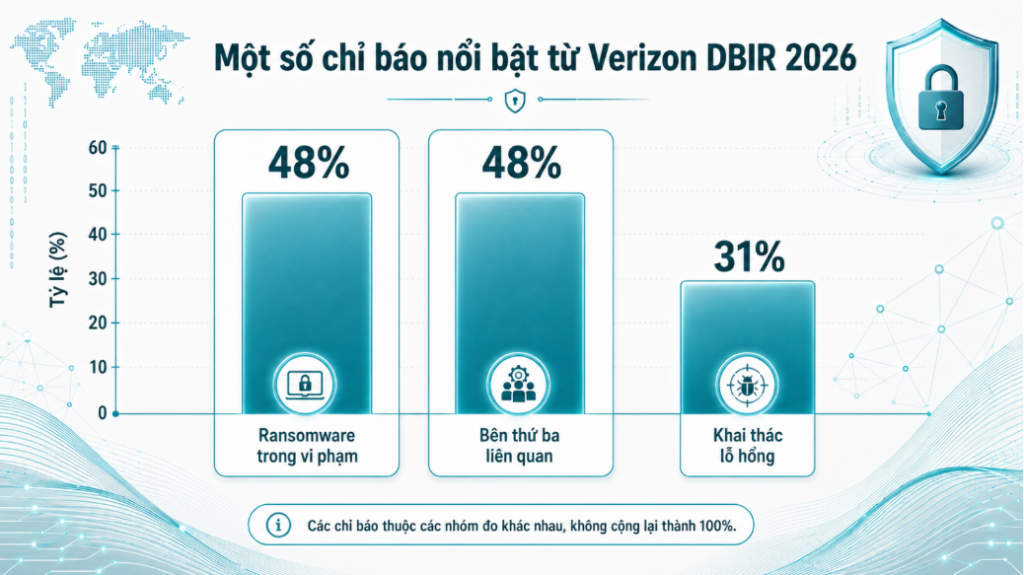 Một số chỉ báo trong Verizon DBIR 2026 cho thấy khai thác lỗ hổng, ransomware và rủi ro từ bên thứ ba đều cần được ưu tiên.