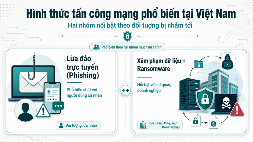 Phishing và Ransomware là hai hình thức tấn công mạng xảy ra nhiều nhất tại Việt Nam theo số liệu từ Báo cáo Hiệp hội An ninh mạng quốc gia