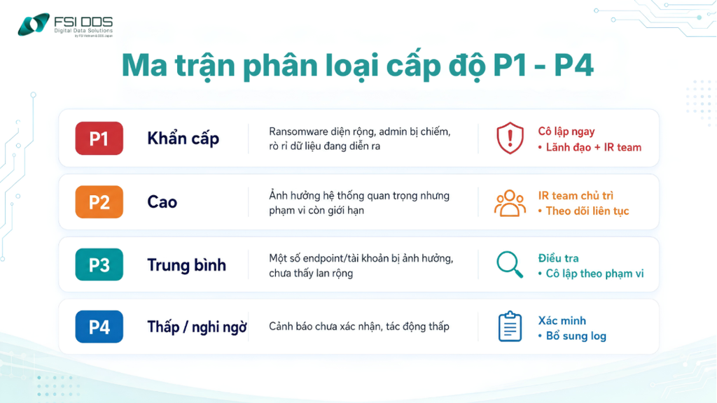 Ma trận phân loại mức độ sự cố an ninh mạng P1 đến P4 theo tác động và ưu tiên