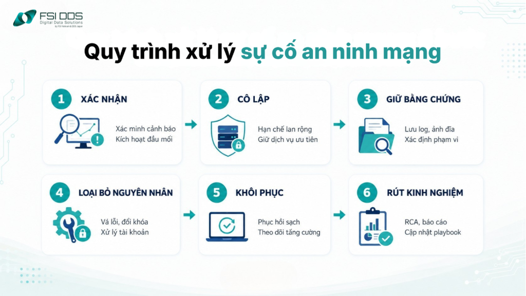 Quy trình xử lý sự cố an ninh mạng 6 bước từ xác nhận đến rút kinh nghiệm.