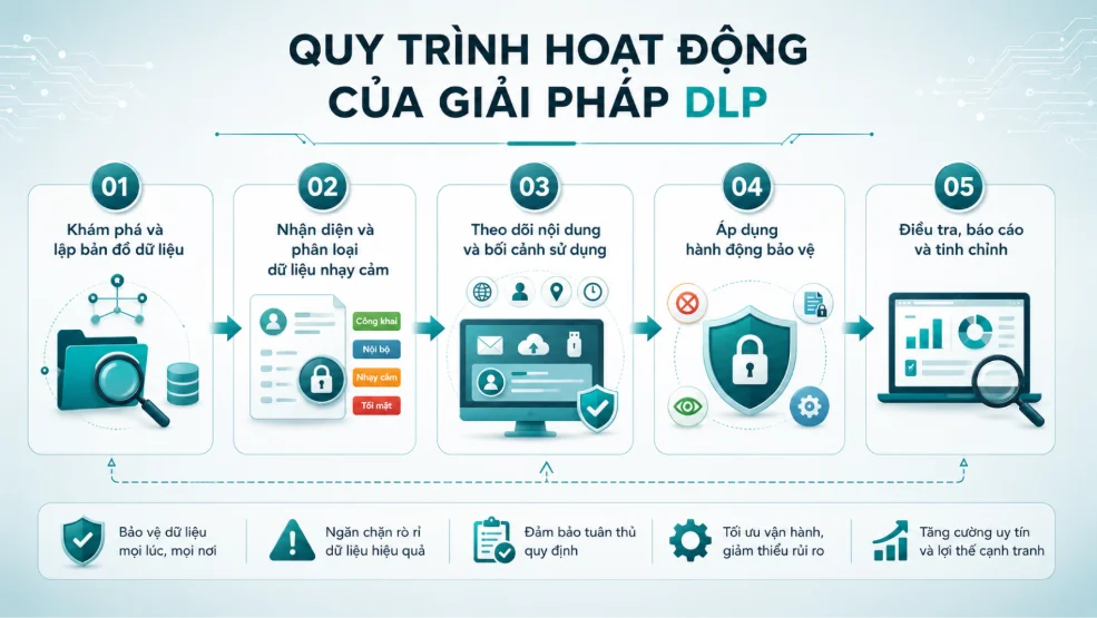 Chu trình DLP gồm khám phá, phân loại, giám sát, bảo vệ và cải tiến