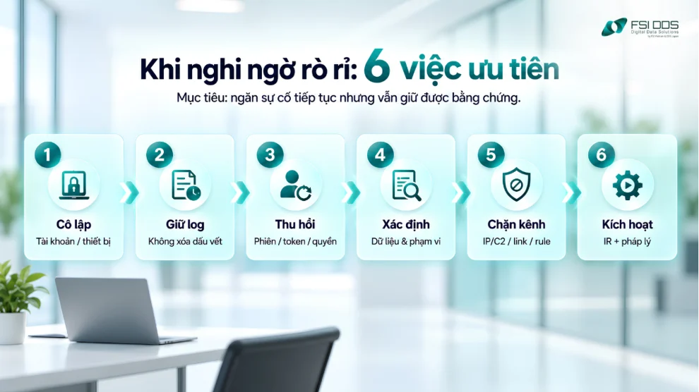 6 việc cần làm khi phát hiện bị rò rỉ dữ liệu: cô lập, giữ log, thu hồi quyền, xác định phạm vi, chặn kênh và xử lý sự cố. 