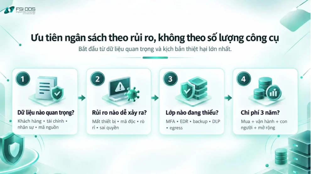 4 bước tối ưu chi phí bảo vệ dữ liệu: xác định dữ liệu, rủi ro, lớp bảo vệ còn thiếu và TCO ba năm.