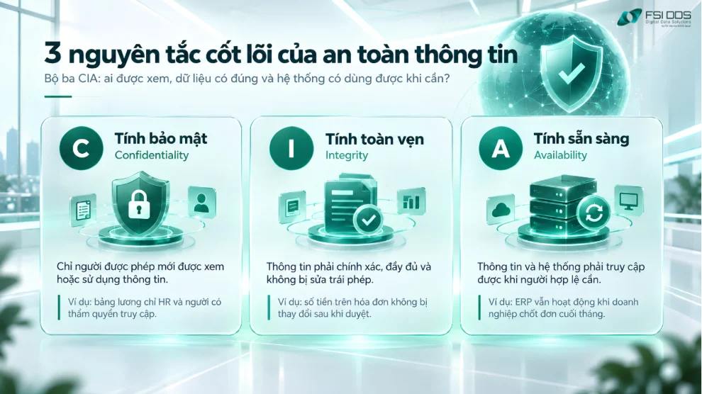 3 nguyên tắc an toàn thông tin gồm tính bảo mật, tính toàn vẹn và tính sẵn sàng với ví dụ doanh nghiệp. 