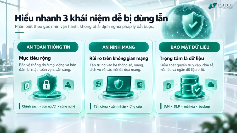 Phân biệt an toàn thông tin, an ninh mạng và bảo mật dữ liệu theo góc nhìn vận hành doanh nghiệp. 