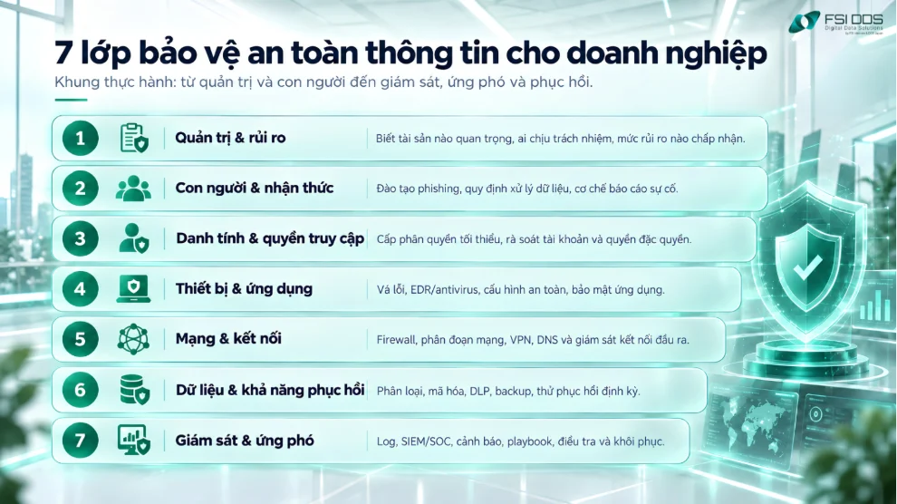  Infographic 7 lớp bảo vệ an toàn thông tin gồm quản trị, con người, danh tính, thiết bị, mạng, dữ liệu và giám sát ứng phó. 