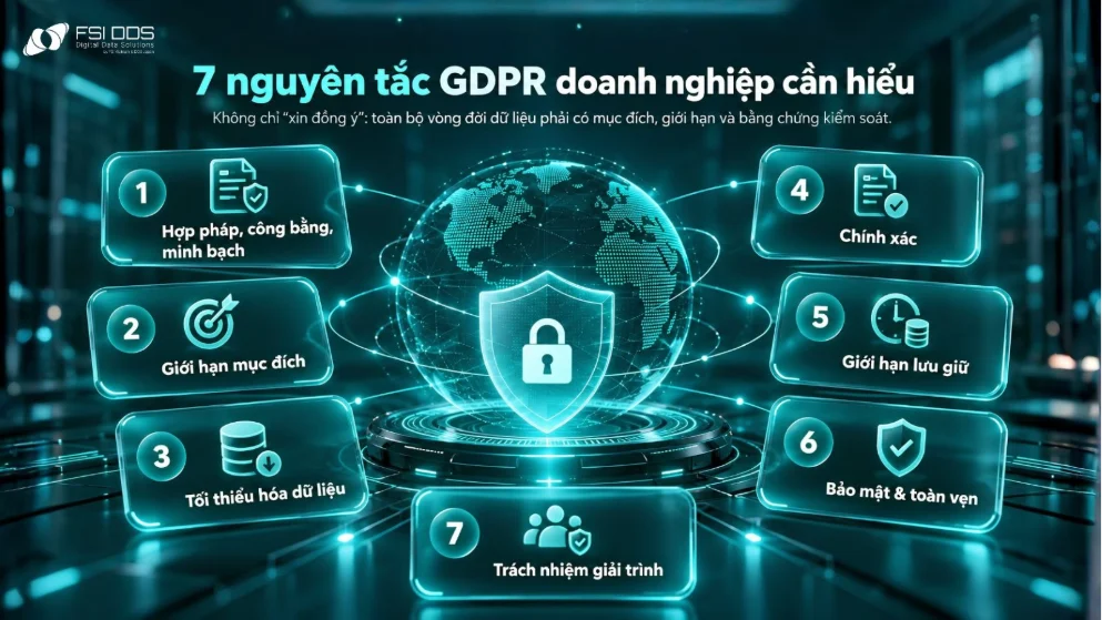 Infographic 7 nguyên tắc của quy định bảo vệ dữ liệu chung GDPR gồm minh bạch, giới hạn mục đích, tối thiểu hóa, chính xác, lưu giữ, bảo mật và trách nhiệm giải trình. 