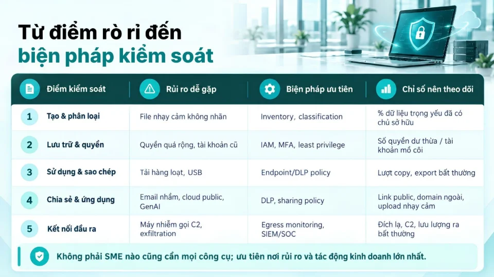 Ma trận chống rò rỉ dữ liệu theo điểm kiểm soát, rủi ro, biện pháp ưu tiên và chỉ số theo dõi.